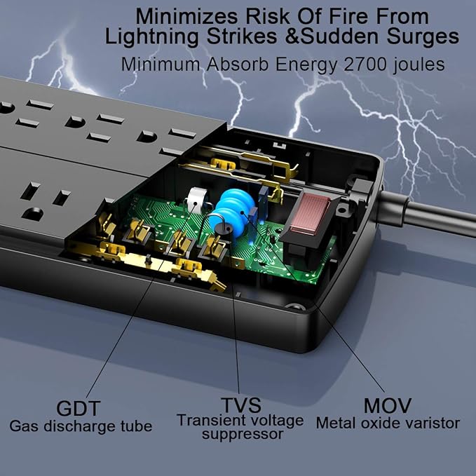 Power Strip, Tcstei Surge Protector with 12 Outlets and 4 USB Ports, 15 Feet Extension Cord (1875W/15A) for Home, Office, Dorm Essentials, 2700 Joules, ETL Listed, Black
