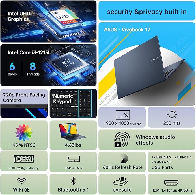ASUS Vivobook Laptop,17.3" FHD Anti-Glare Display, Core i3-1215U (up to 4.4GHz), 40GB RAM, 2TB SSD + 128GB Portable SSD, WiFi 6E, Webcam, Keypad, Copilot, with 2019 Lifetime Office, Win 11 Pro
