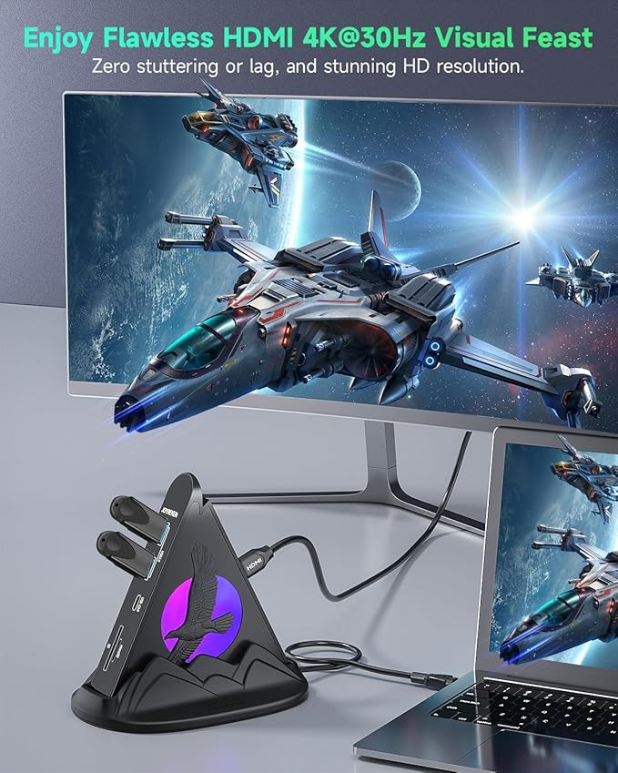 USB C Hub, 8-in-1 USBC Multiport Adapter with HDMI 4K@30Hz, PD 100W, 5Gbps USB-Ax3 & USB-Cx1, SD&TF Card Reader, Eagle RGB Multiport Adapter for MacBook Pro/Air, iPad, iPhone16, XPS, Surface