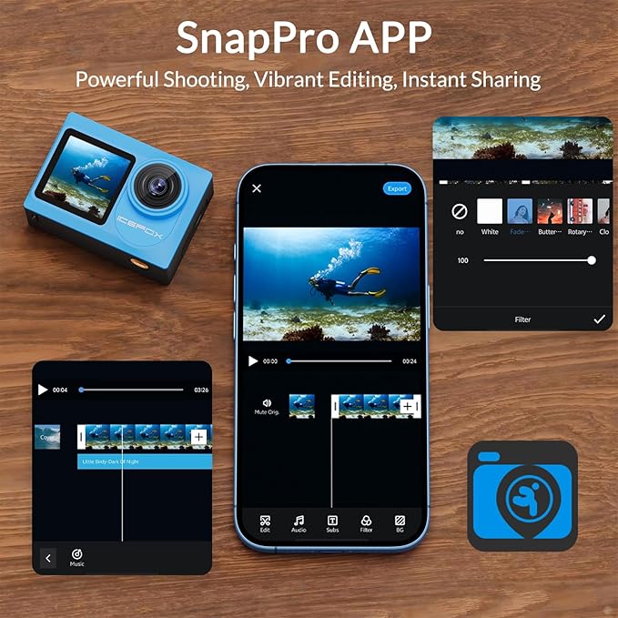 icefox i8 Action Camera with 4K 60FPS 20MP, 5X Zoom, Underwater Waterproof Camera with Optimized EIS, Video & Photo Editing by Snap Pro App, WiFi Remote Control for Diving, Cycling and Vlogging