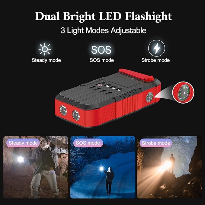 Solar Power Bank 66800mAh Built in Hand Crank and 4 Cables 22.5W Fast Charge,Camping Essentials/SOS/Strobe/Strong Flashlights,Compass Solar Portable Charger Power Bank (Red)