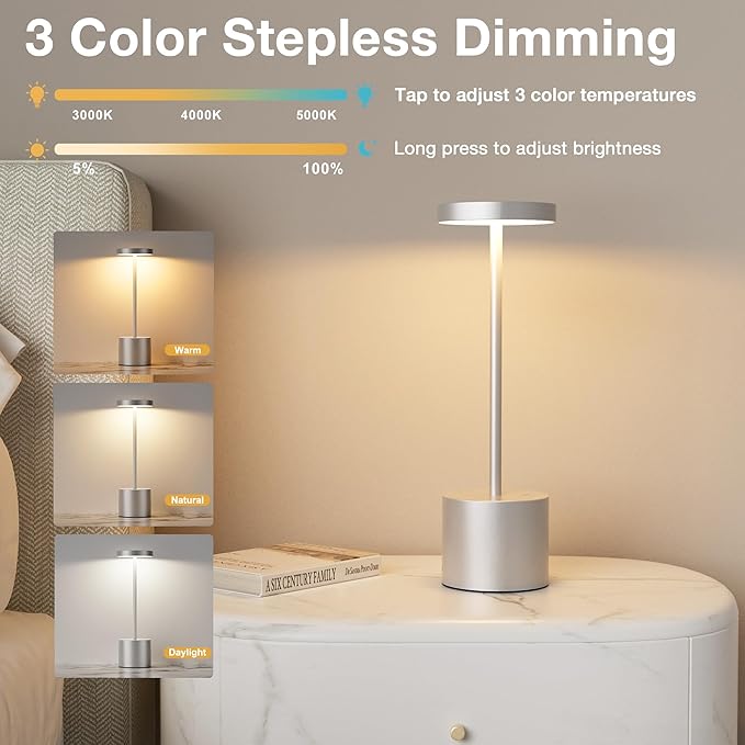 Kakanuo Silver Gray Cordless Lamp Set, Rechargeable Lamp, 3 Color Temperature, LED Outdoor Wireless Lamps, Battery Operated Lamps, Stepless Dimmable, Touch Control