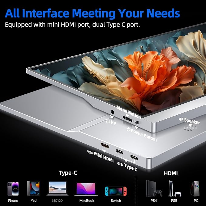 UPERFECT Portable Monitor 4K, 15.6'' Silvery 3840x2160 UHD HDR USB-C Monitor, 100% AdobeRGB, 400cd/㎡Brightness, IPS FreeSync Speaker Travel Extra Screen for Laptop, Type-C HDMI, VESA & Smart Case