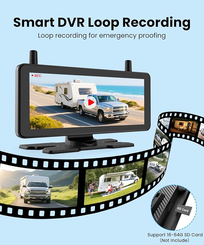 AUTO-VOX 2 Solar Wireless Backup Camera System with Two Cameras (License Plate & Portable): 7.2” 1080P HD Dual Channel Monitor, IP69K Waterproof Back up Camera for Truck,RV,Camper,Horse/Boat Trailer