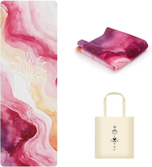 Travel Foldable Suede Yoga Mat, Tear-resistant Non-Slip Fitness Mat, Tote Bag included for Yoga Pilates Exercise Workout, 0.06 Inch/1.5 mm Thick, 72 x 24 Inch/183 x 61 cm