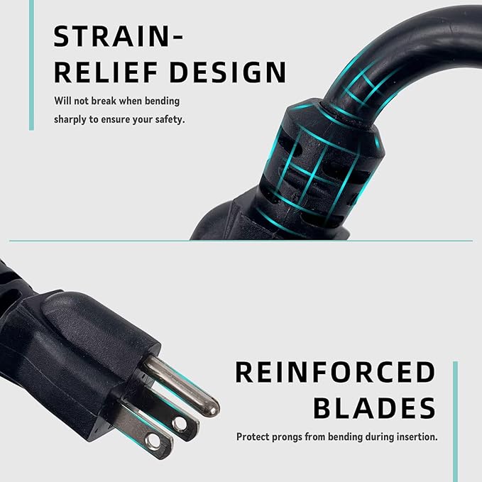 12ft Indoor Outdoor Extension Cord - 12/3 SJTW Heavy Duty Extension Cable with 3 Prong Grounded Plug for Safety -15Amp 1875W Black Electric Cord Great for Garden, Appliances