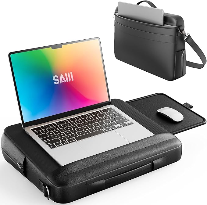 SAIJI Portable Laptop Lap Desk w/Retractable Mouse Pad Tray - Multifunction Lap Desk with Storage for Travel, Office and Home, Fits up to 15.6 inch Laptops (Black)