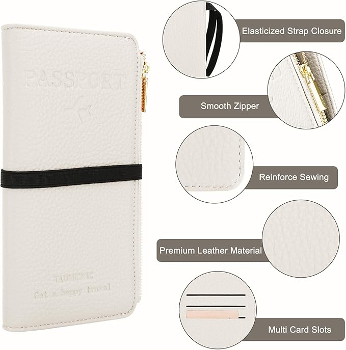 DOB SECHS Passport Holder for Travel Women RFID Blocking Leather Passport Wallet Travel Document Organizer Pouch Bag, Slim Passport Cover Case with Zipper Cash Pocket Purse+Card Slots+ID Window, White