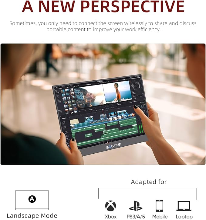 Wireless Portable Monitor 15.6 Inch 1080P FHD Ultra Slim Display WiFi Connectivity 180° Adjustable Built-in Stand Lightweight Travel Monitor for Laptop, MAC, Phone, PS5