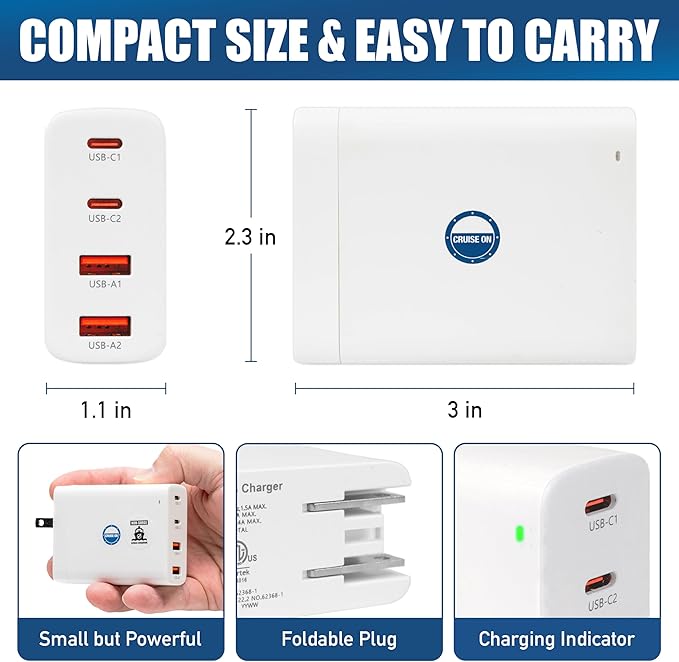 Cruise Approved Power Strip (Royal Caribbean, Disney & More) - Non Surge Charger [2 USB, 2 USB-C] 4-Port Charging Block w/Foldable Plug for iPhone, iPad, Laptops & More - Cruise Ship Essentials 2025
