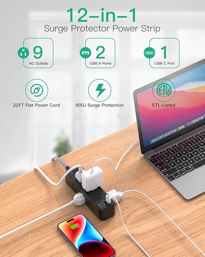 Black Extension Cord 20FT, Surge Protector Power Strip, Long Extension Cord with 9 Outlets 3 USB Ports, Extension Cord with Multiple Outlets, USB Power Strip for Home, Dorm Room Essentials, College