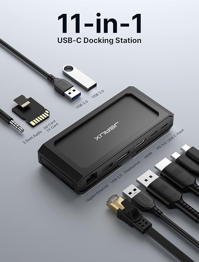 JSAUX USB-C Laptop Docking Station, 11-in-1 Dock with 8K@30Hz HDMI and DP, 100W PD, USB C and 3 USB A, Gigabit Ethernet, 3.5mm Audio, SD/TF Reader Compatible with Steam Deck, MacBook,ROG Ally-HB1101