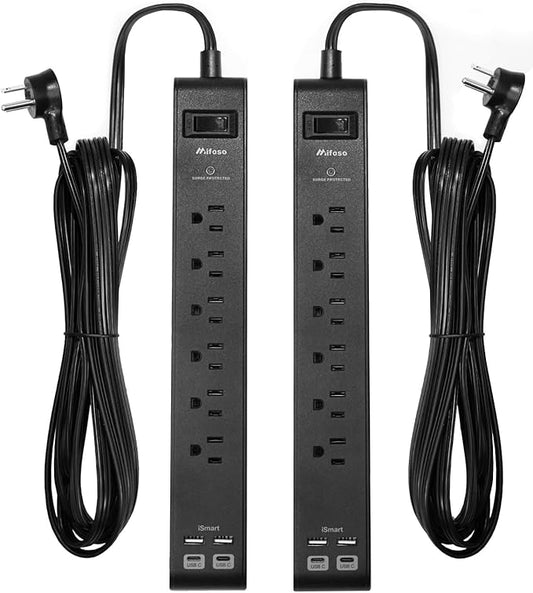 2 Pack Surge Protector Power Strip with 6 Outlets 4 USB Ports (2 USB C) 25-Foot Extension Cord Flat Plug 900 Joules 15A Circuit Breaker Wall Mount Desk USB Charging Station for Home Office