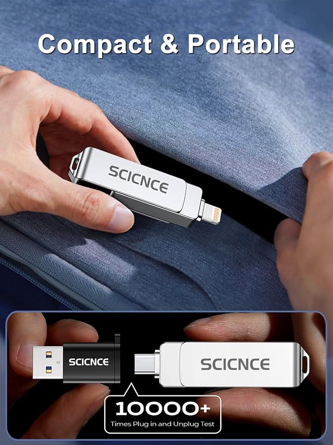 SCICNCE 512GB Flash Drive Intended for iPhone, USB Memory Stick Storage Backup for Photos Videos, Plug and Play No APP Required, Compatible with iPhone iPad Android and Computers (Metal Silver)