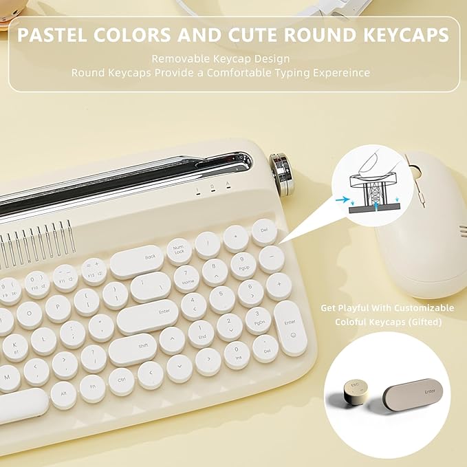 YUNZII Upgraded Wireless Typewriter Keyboard,with Retro Integrated Stand,USB-C/Bluetooth,Cute Round Keycaps, USB-C/Bluetooth Connection for Table, Phone, PC and Win/Mac/Android (B309, Ivory Butter)