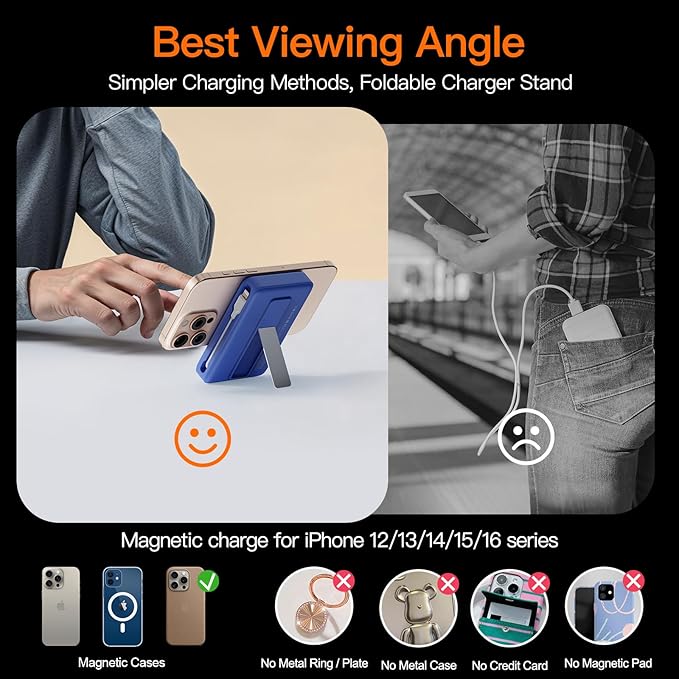 2025 Magnetic Battery Pack 16800mAh Mobile Power Bank, Portable Charger with Foldable Stand and Built-in Cable, 20W USB-C Fast Charging, Suitable for iPhone 17/16/15/14/13/12 Series