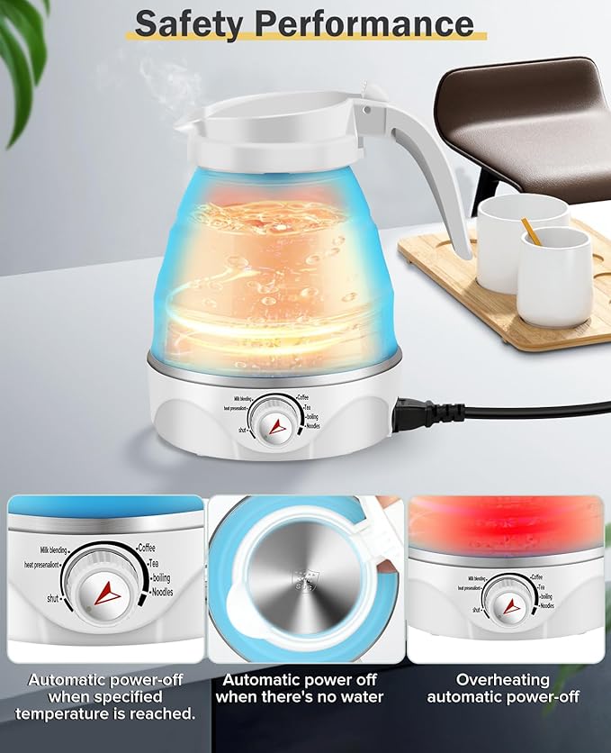 Portable Electric Travel Kettle, 600ml Collapsible Silicone Kettle with Temperature Adjustment Function for Camping, Hotels and Travel (BLUE)