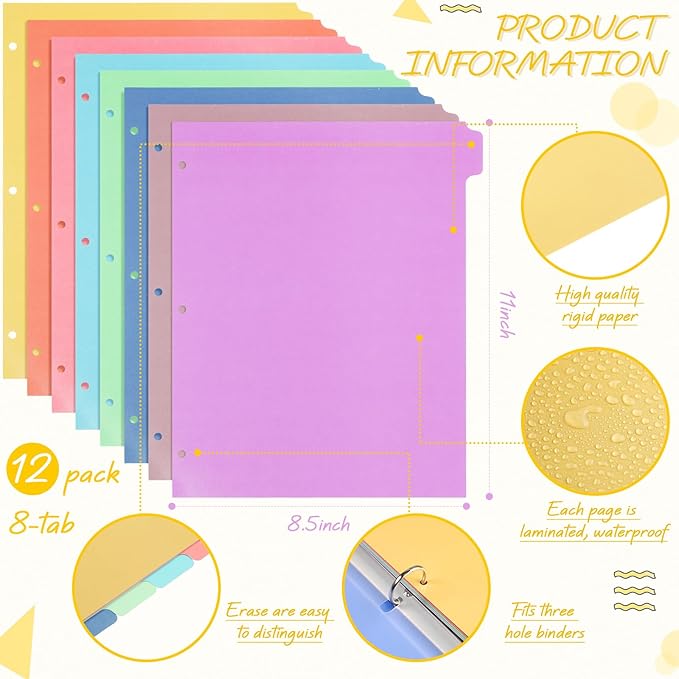 Honoson 12 Sets 8 Tab Dividers for 3 Ring Binders Plastic File 8.5 x 11 Inch Paper Multicolor Page Binder Index Dividers for School Office(Bright Color)