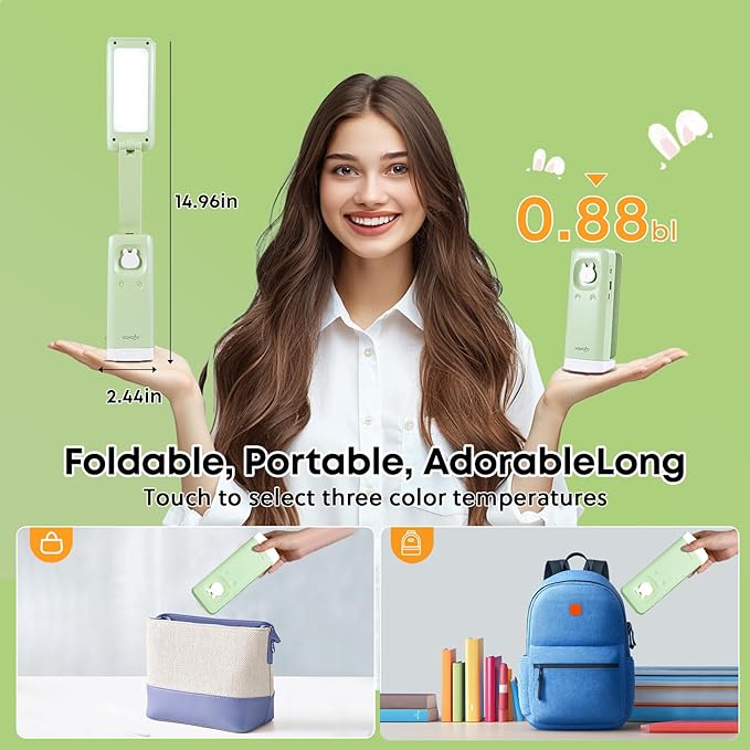 VAVOFO Cordless Desk Lamp, 6000mAh Battery Powered Desk Lamp, Foldable Desk Lamps, Three Color Temperatures, USB C Rechargeable, Ideal Cute Desk Accessory for Students and Home Offices