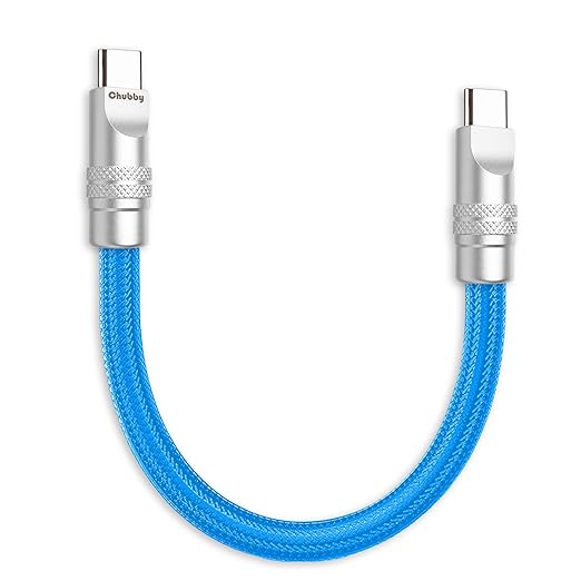 chubbycable Cute Chubby 240W Short USB C Cable Power Bank Fast Charging Cable Nylon Braided Charger Cord Compatible with iPhone 17-15 Series iPad, Blue, Type-C to Type-C, 0.32FT