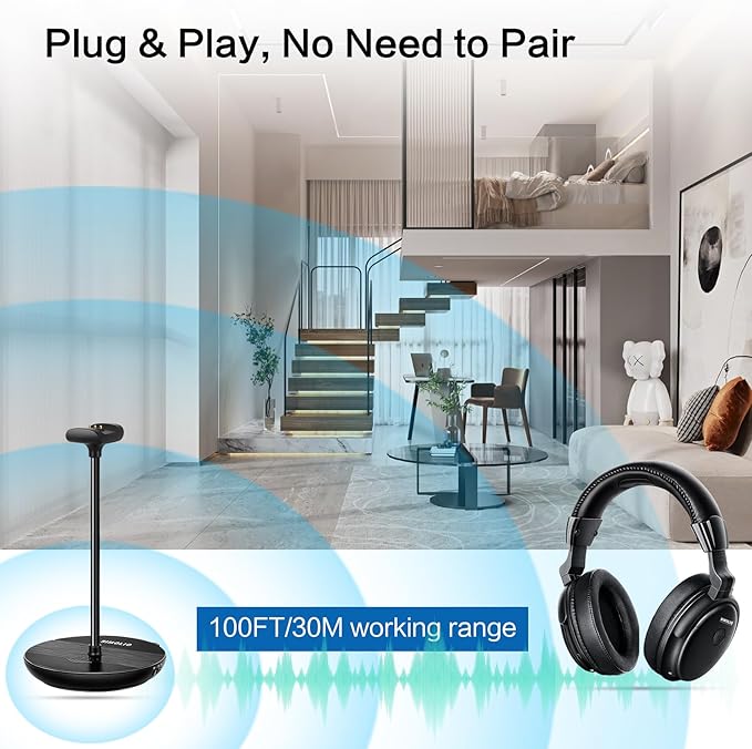 SIMOLIO Wireless Headphones for TV with Clear Dialog Mode, Boosted Volume & Spare Battery for Seniors, Comfortable TV Watching w/L/R Balance, by-Pass, Charging/Transmitter Stand 2-in-1, No Pairing