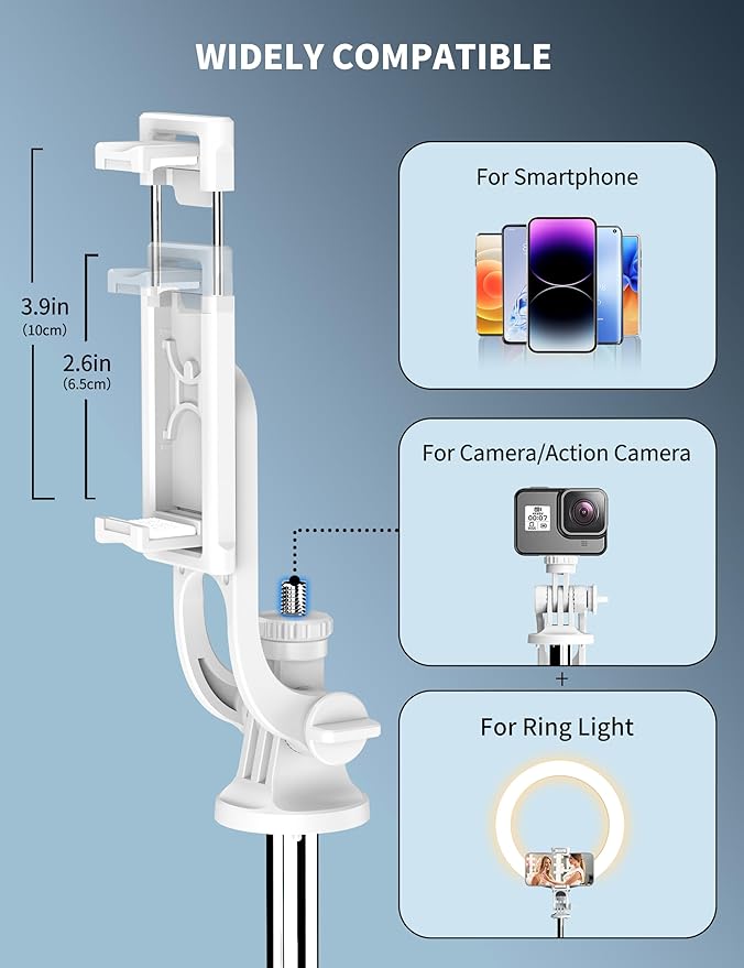 SelfieShow 71" Cell Phone Selfie Stick & Tripod, Smartphone Stand with Remote, Extendable & Travel Compatible with iPhone 15/14/13 Pro Max Gopro Android DJI (White)