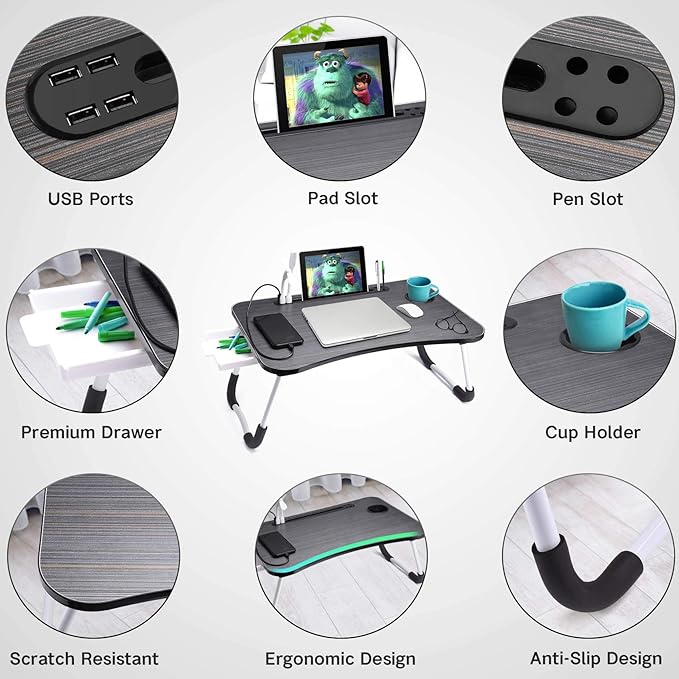 Slendor Lap Desk with Tablet Slot, Foldable Laptop Table with Storage Drawer for Bed，Portable Bed Desk for Laptop, Computer Tray with Cup Holder Notebook Stand Reading Holder for Couch Floor, Black