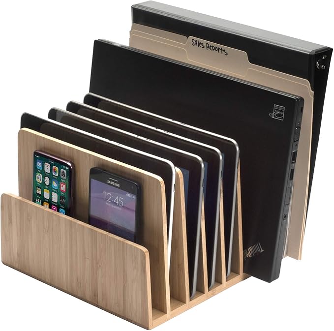 MobileVision Bamboo Device Organizer for Smartphones, Tablets and Laptops, 7 Slots With Extra Wide Slots for Laptops