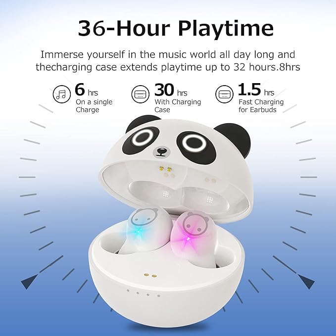 Kids Wireless Earbuds Cute Panda Bluetooth Earbuds with mic Charging Case 36H Playtime 3D Stereo Headphones IPX6 Waterproof Sport in-Ear Headphones for Kids Adult