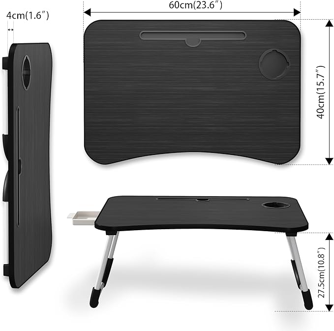 Lap Desk Bed Trays for Eating and Laptops Breakfast in Bed Tray for Sofa/Couch/Study/Reading/Writing with Cup Holder/Drawer On Low Sitting Floor Large Portable Foldable (Black)