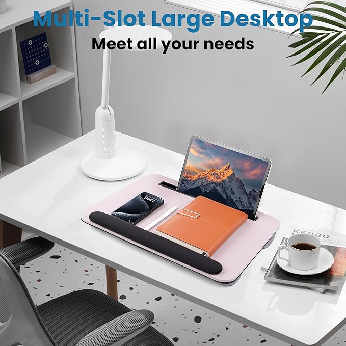 Lap Desk, Portable Lap Desks Fits Up to 16'' Laptop with Pillow Cushion Laptop Desk with Wrist Rest Lap Stand with Tablet or Phone Storage Slot for Bed Couch Carpet Home Office Livingroom (Pink)
