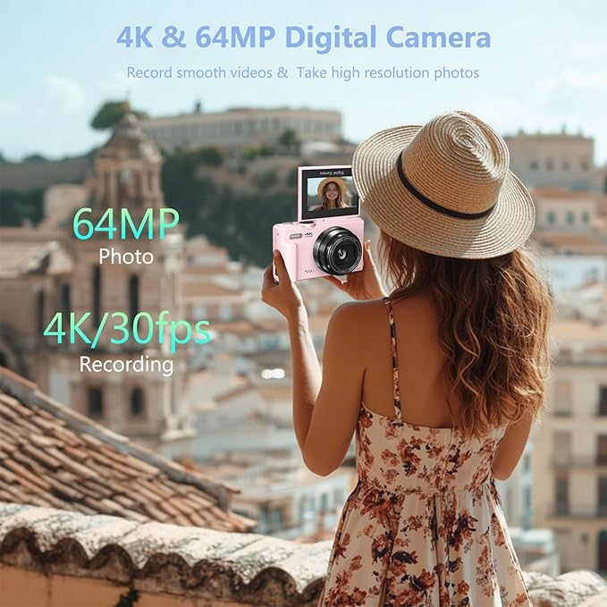 4K Digital Camera for Photography, 64MP Vlogging Camera for YouTube with 3" 180° Flip Screen, 18X Digital Zoom Point and Shoot Camara with 32GB Micro SD Card for Beginner (Pink)