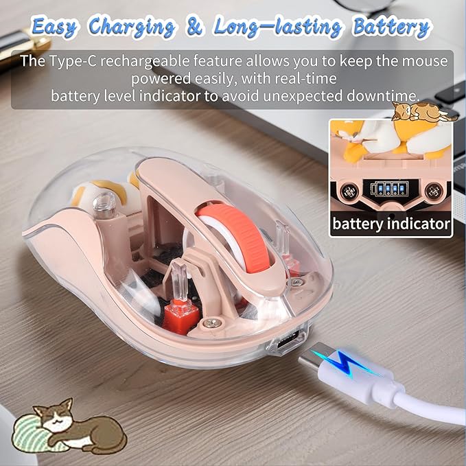 Cute Wireless USB C Mouse - Bluetooth Triple Mode Rechargeable Cartoon Mouse for Laptops, iPads & MacBook Air/Pro - Silent Operation, Portable Design, Unique Magnetic Character (Milk tea color)