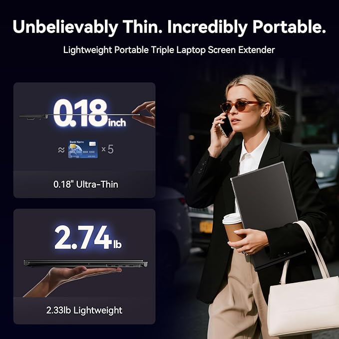 15.3" Laptop Screen Extender Portable, One Cable Connection Triple Laptop Monitor FHD 1080P IPS, Ultra Thin Dual Monitor for 13-17" Laptops, Plug&Play Compatiable with Win/Mac/Chrome/Android/Switch