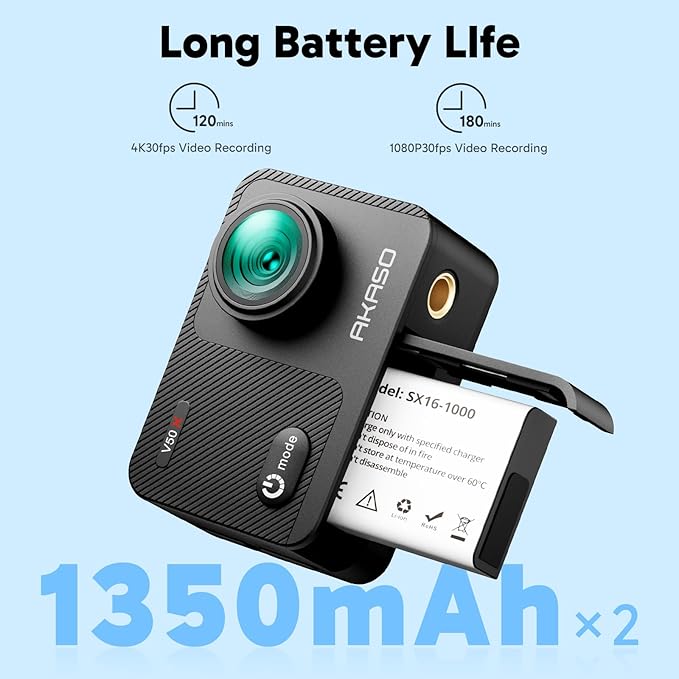 AKASO V50X Native 4K30fps WiFi Action Camera with EIS Touch Screen 4X Zoom 131 feet Waterproof Camera Support External Mic Remote Control (with Floating Hand Grip and Carry Bag)