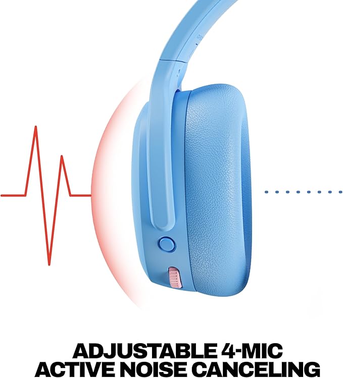 Skullcandy Crusher ANC 2 Wireless Over-Ear Bluetooth Headphones with Extra USB-C Charging Cable, Multi-Sensory Bass, Active Noise Cancelling, 60 Hours Battery, Microphone iPhone Android - Preppy Blue