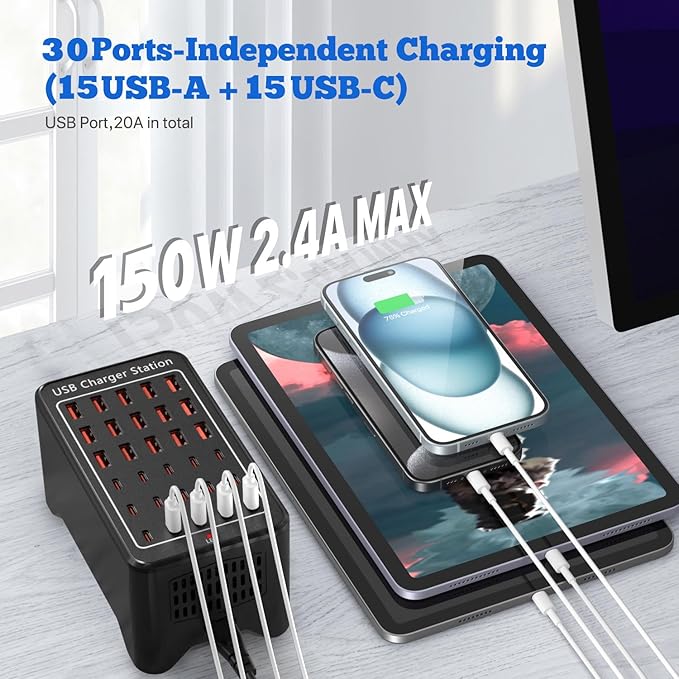 USB C Charging Station，150W 30 Ports USB C Charger【15USB-C + 15USB-A】, Multiple Devices Charger Compatible with Samsung/iPhone/iPad/Google Pixel/Tablets and Other USB Electronics