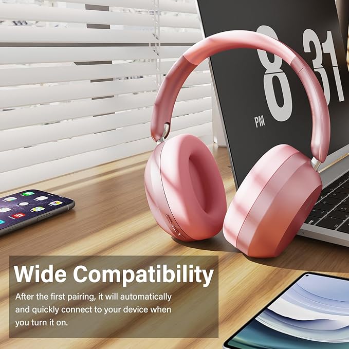 Y05 Bluetooth Headphones Wireless Over Ear with Microphone 48 Hours Playtime, High Sound Quality Foldable Soft Earpads Earphones for Travel - Pink