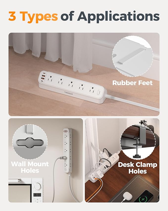 Desk Clamp Power Strip 6Ft, TESSAN Flat Extension Cord with Multiple Outlets, 10 Outlets with 4 USB (2 USB C), Flat Plug, 1625W, Charging Station for Gaming Cruise Travel Office Dorm Room, White