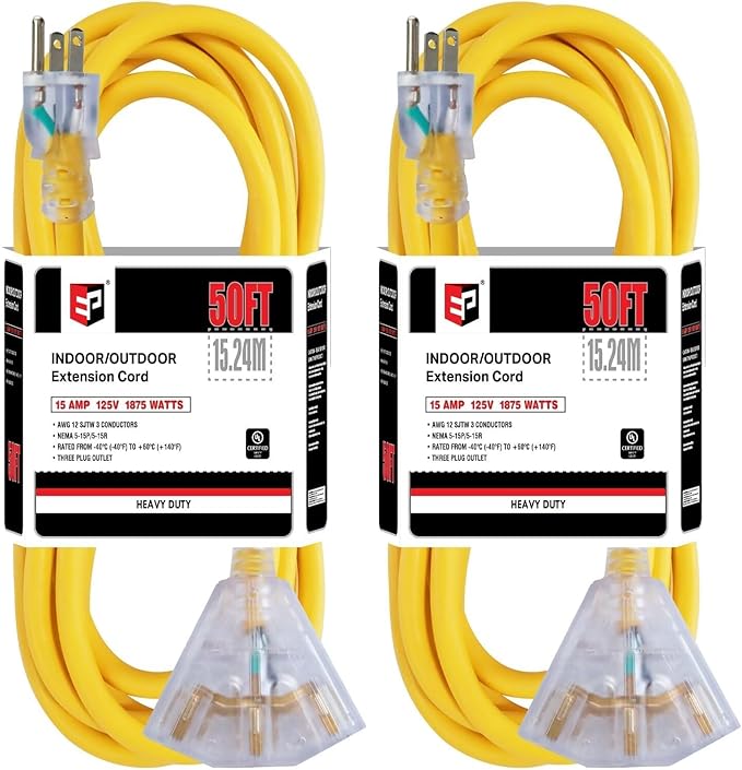 EP 2 Pack 50 Ft 12 Gauge Heavy Duty Extension Cord, 15A 125V 1875W, 3 Outlet Indoor/Outdoor Power Cord with Lighted End, 12/3 SJTW Weatherproof Yellow, UL Listed