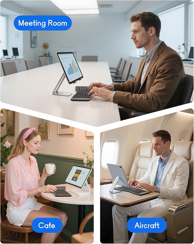 MoKo Ergonomic Foldable Keyboard, Split Portable Folding Bluetooth Keyboard for Business Travel, Ultra Slim Rechargeable Wireless Keyboards for iOS/Android/Windows Tablet PC Smartphone