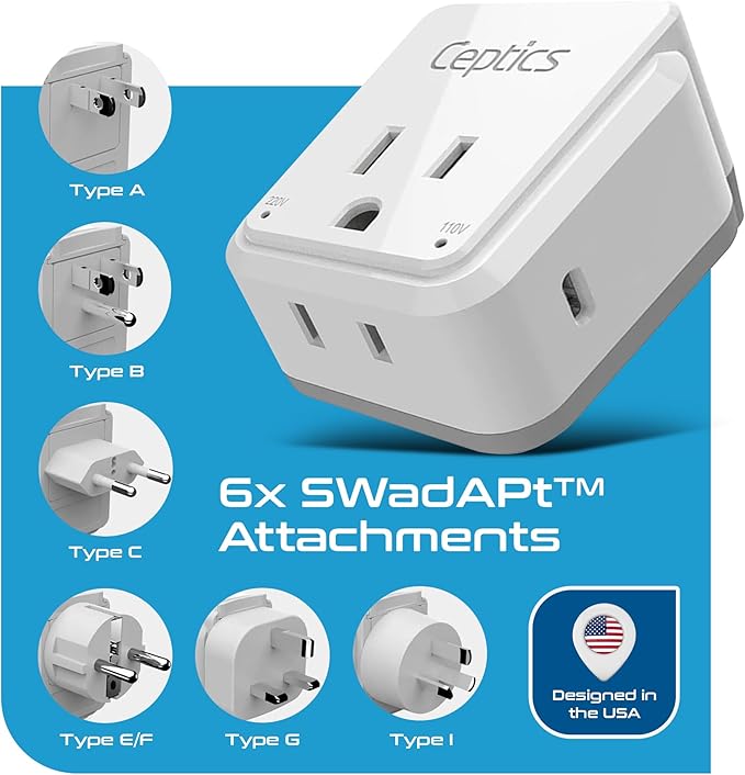 Ceptics World Travel Plug Adapter Set, Safe USB-C 3.0-2 USA Socket,30W PD & QC - Compact & Powerful - Use in Europe Includes Type A, B, C, E/F, G, I SWadAPt Attachments (PAK-30-WS)