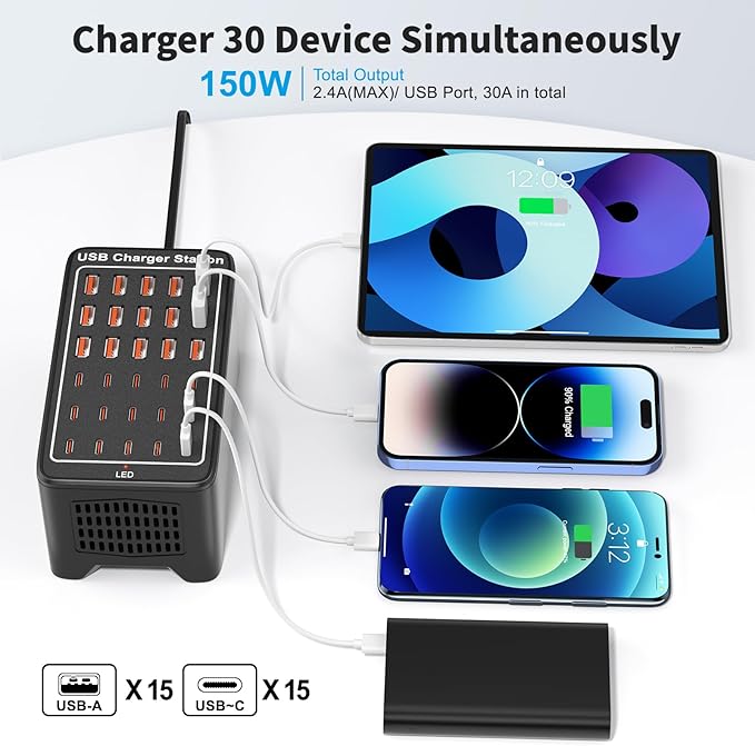 USB~C Charger Block, 150W(30A) 30 Port (15 USB A & 15 USB~C Port) Multiple USB Charging Station, Desktop USB Wall Charger Compatible with iPhone, iPad, Tablets, Smartphones