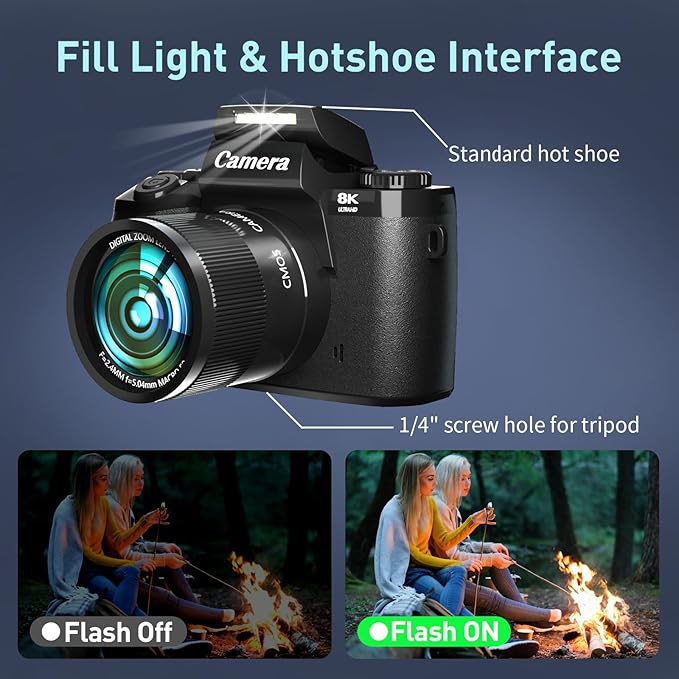 8K Digital Camera for Photography, WiFi & Dual-Lens Vlogging Camera for YouTube with 4" Touch Screen, 64MP Vlog Cameras 16X Digital Zoom with 3000mAh Battery, 32GB TF Card & Lens Hood(Black)