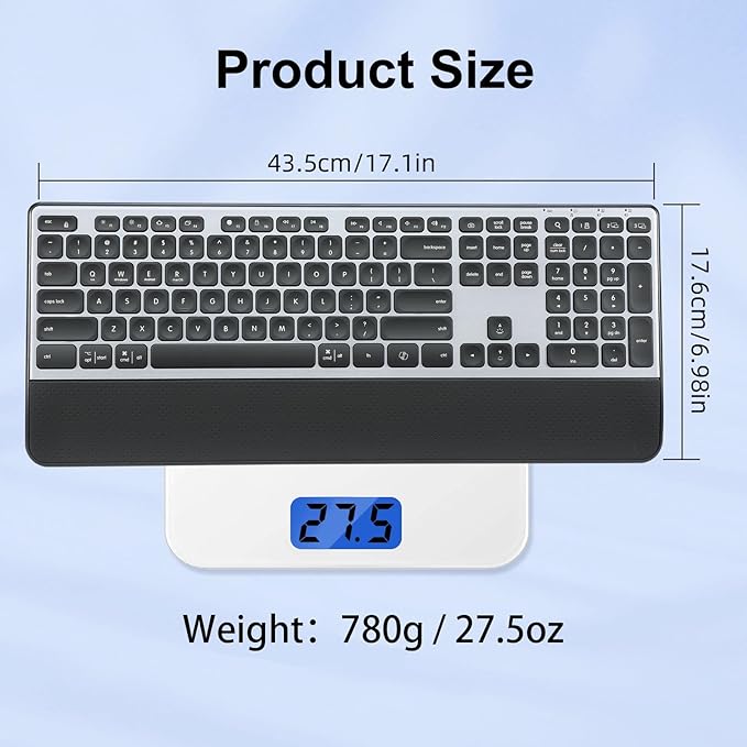 Wireless Keyboard, Rechargeable Full Size Multi-Device Bluetooth Keyboard with Wrist Rest, 3-Level Backlit, for Computer, Laptop, Tablet, Smartphone, Office,（US Layout）