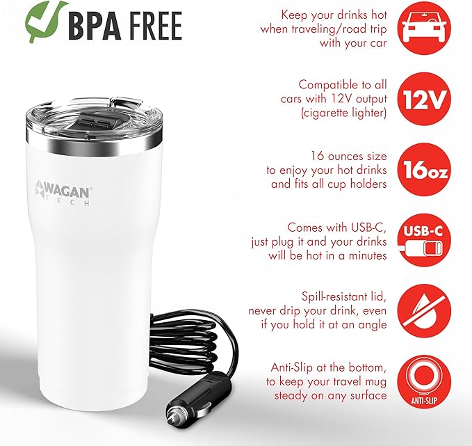 Wagan EL6102 12V Travel Car Heated Mug Portable 16oz Stainless Steel Anti-Spill Lid Slip resistant base Car Coffee Warmer Coffee Cup (White)