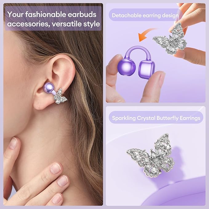 PAXA Bling Open Ear Clip On Earbuds with LED Display & Crystal Butterfly Earrings, Comfort Bluetooth 5.4 Wireless Ear Buds 50H Playtime for Women Girl Work, Fitness, Daily Wear, Gift, Purple