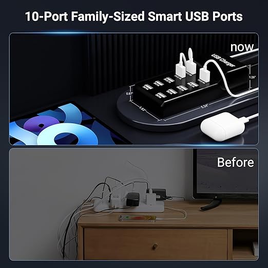 10-Port USB Charger 50w10A USB Charging Station, Multiport Charger Hub, Compatible with iPhone, Galaxy, iPad Tablet, and Other Devices (Black)