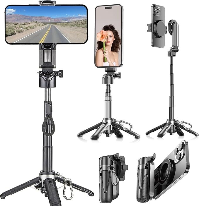 for Magsafe Tripod Stand for iPhone,Portable Pocket Size Selfie Stick with Rechargeable Remote and Metal Ring,Extendable Detachable Cell Phone Tripod Compatible with iPhone/Android