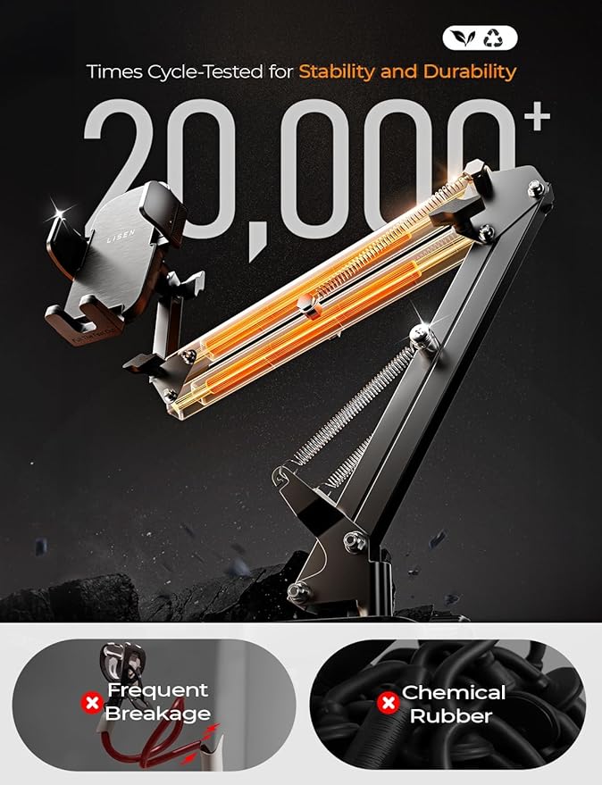 LISEN Gooseneck Phone Holder for Desk Bed [3rd Upgrade] Cell Phone Stand for Desk,Tech Lovers Mount for Recording Fit iPhone 17 16 Filming Camera Laying Down,Bed Accessories Flexible Arm Clamp Clip